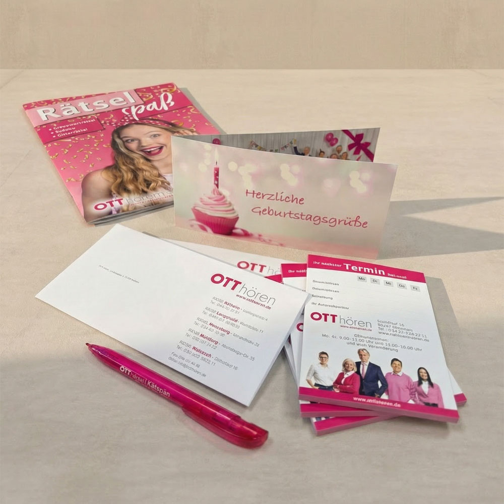 Eine Zusammenstellung von der Geschäftsausstattung der Firma 